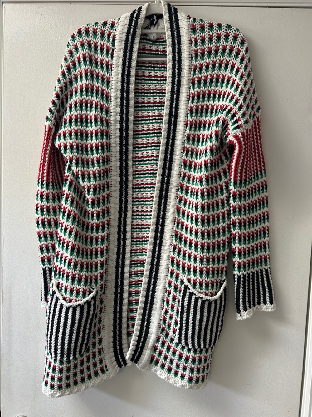 Open-Front Multicolor Knit Cardigan Sweater - Red, Green, Black & White